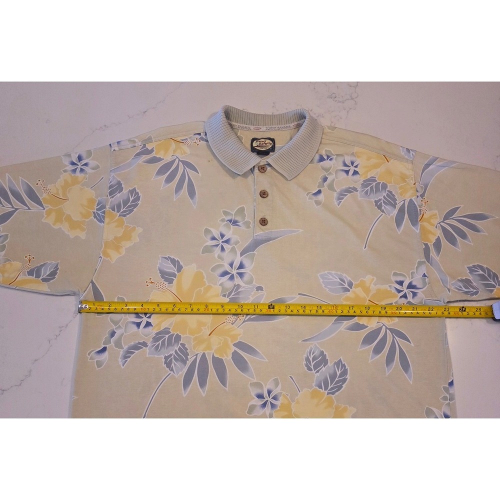 Tommy Bahama Floral Polo Shirt Mens Medium Tan Blue‎ Tropical Hibiscus Cotton - Picture 6 of 11
